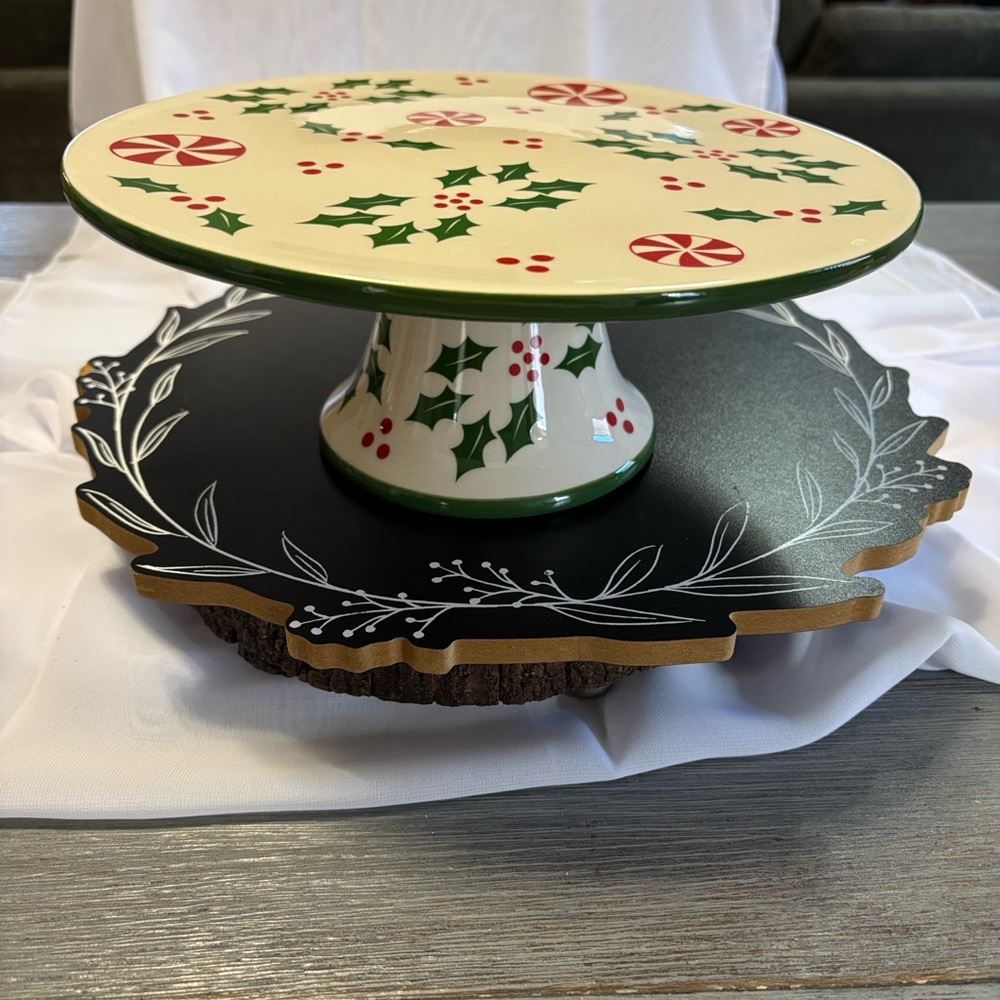 Angel Cake Stand with Holly and Peppermint Design
